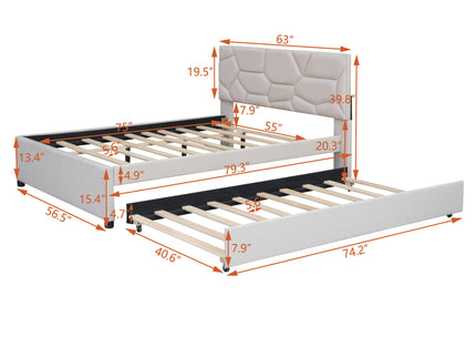 Upholstered Platform Bed With Brick Pattern Headboard And Twin Long Size Trundle