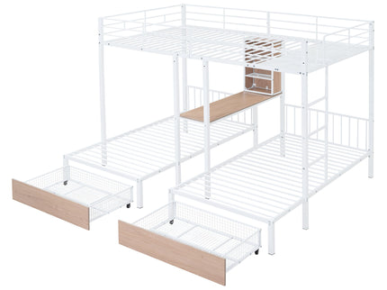 Triple Bunk Bed With Drawers, Multi-Functional Frame With Desks And Shelves In The Middle