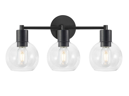 3 Light Globe Bathroom Vanity Light With Clear Glass Shades - Black