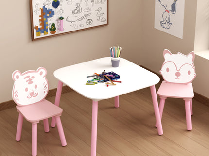 Table And Chair Set, 3 Piece Wooden Toddler Desk With Animal Backrest - Pink / White