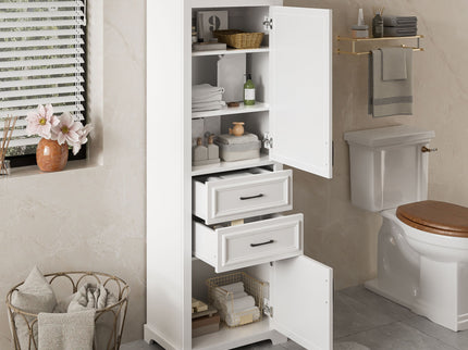 Freestanding Bathroom Vanity Tall With Damping Hinge Doors, Adjustable Shelves - White