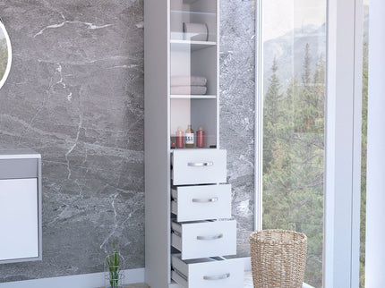 Linen Cabinet, 3 Shelves, 4 Drawers And Metal Handles - White