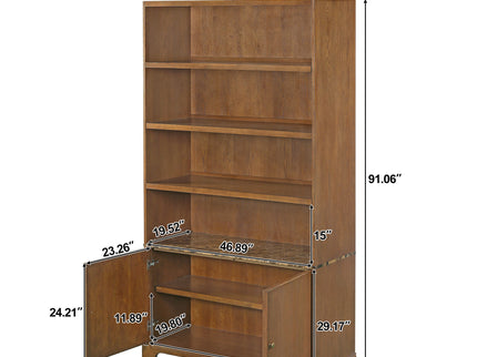 Tall Bookcase Storage Cabinet With 3 Open Shelves & Fluted Double Doors