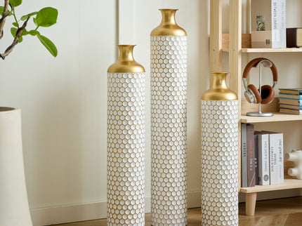 3 Piece Set Gorgeous Home Decoration Large Glazed Floor Vase Decoration Home Droplet Shaped - Gold / White