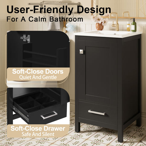 Bathroom Vanity With Ceramic Sink, Soft Close Drawers, Door Organizer, Divider Drawer, Adjustable Foot Pads