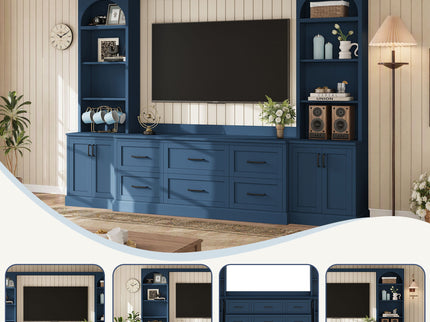 Arched Entertainment Center Wall Unit With 6 Drawers, Large TV Stand With Bookshelves