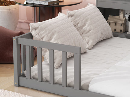 Floor Bed With Side Bookcase, Shelves, Guardrails