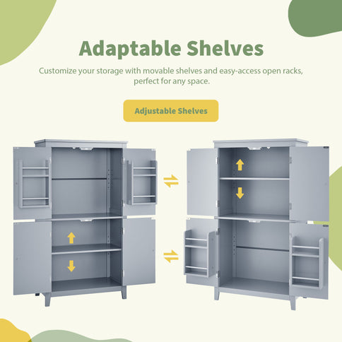 Elegant Bathroom Floor Storage Cabinet With 4 Doors, Adjustable Shelves