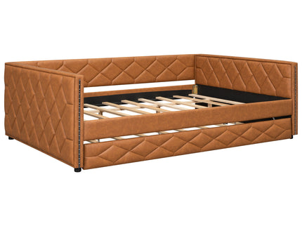 Upholstered Full Long Daybed With Trundle And LED Armrests - Brown