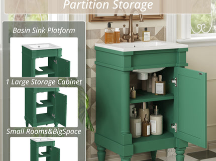 Bathroom Vanity With Sink, Compact Storage Cabinet With Door, Adjustable Shelf, Rectangular Style - Green