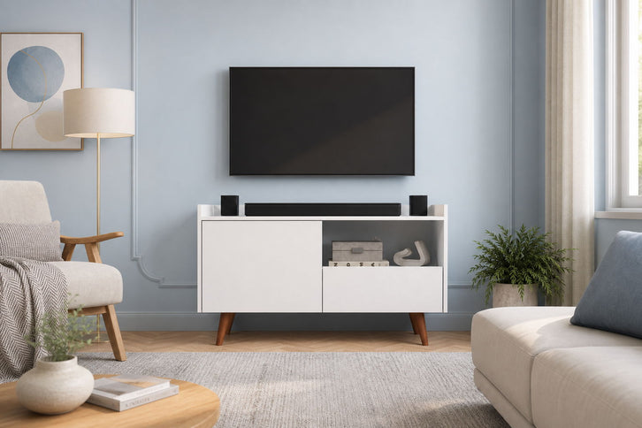 TV Stand For TVs Up To 45" With Open Storage Shelf, Cable Management, 1 Door And 1 Drawer