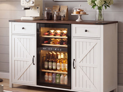 Coffee Bar With Mini Fridge Space & Built In Charging Station, Large Bar Cabinet With Drawers & Adjustable Shelves For Kitchen - White
