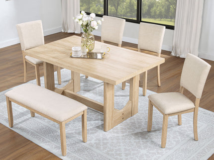 6 Piece Rectangular Kitchen Table Set With Bench And 4 Upholstered Chairs For Kitchen - Light Oak