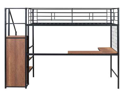 Loft Bed With Desk And Grid, Stylish Frame With Lateral Storage Ladder And Wardrobe