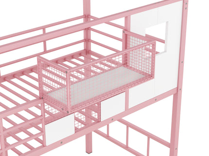 Metal Loft Bed With Roof Design And Storage Box With Guardrails And Integrated Ladder