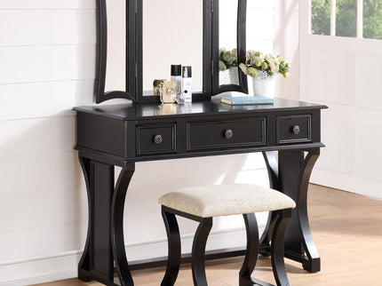 Bedroom Vanity Set With Foldable Mirror And Stool - Black