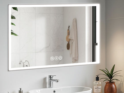 Modern LED Bathroom Vanity Mirror With Aluminum Frame, 45° Beveled Lights, Anti Fog - Silver