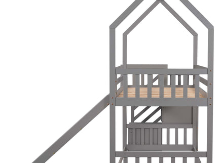Twin Over Twin House Bunk Bed With Convertible Slide, Storage Staircase