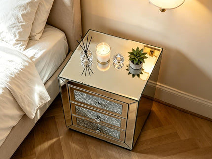 3 Drawer Nightstand With Glass Accents, Bedside Table For Bedroom - Silver