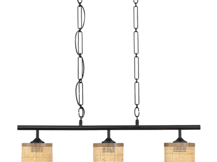 Elysian - 3 Lights Island With Natural Shade Farmhouse Chain Ceiling Lamp - Black / Rattan