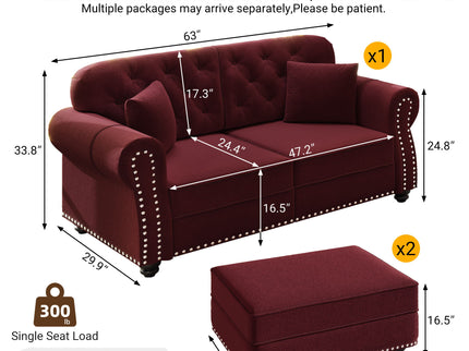 Upholstered Sofa Set With Nailhead Trim And Rolled Armrests, Includes Pillows