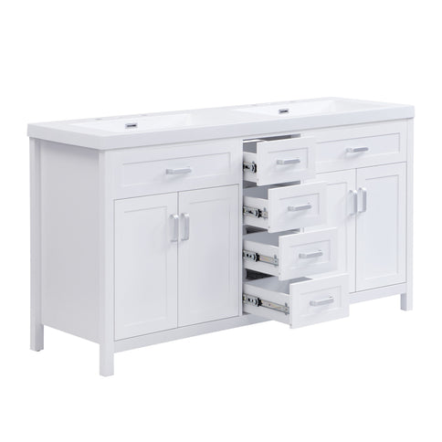 59.1" Minimalist Double Sink Bathroom Vanity With Top, Soft Close Doors & Drawers - White