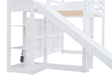 House Loft Bed With Slide, Storage Shelves And Light, Climbing Ramp