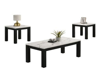 Modern 3 Piece Living Room Table Set With Faux Marble Top Wooden - Black / White
