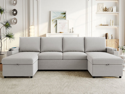 U Shaped Sectional Sofa Bed With Storage Chaise Lounges, USB Ports, And Cup Holders