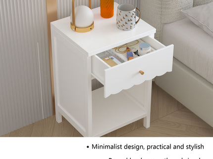Nightstand With Drawer And Open Shelf, Scalloped Edge Bedside Table