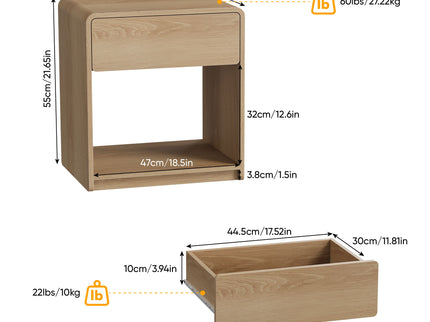 Bedside Table Set With Storage Drawers And Open Shelves, Compact With Rounded Corners (Set of 2) - Oak
