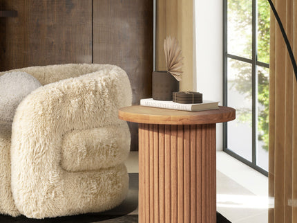 Kenzie - Fluted Pillar Round Accent Side Table - Light Natural Brown