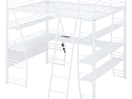 Loft Bed With 4 Layers Of Shelves And L-Shaped Desk, Stylish Metal Frame Bed With A Set Of Sockets, USB Ports And And Wireless Charging