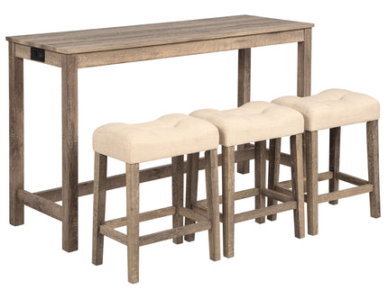4 Piece Bar Table Set With Power Outlet, 3 Padded Stools
