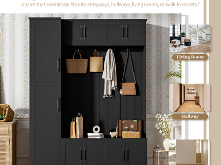 Tall Hall Tree With Shoe Storage, 4 In 1 Entryway Bench With 6 Cabinets, 4 Coat Hooks & Adjustable Shelf For Hallway - Black