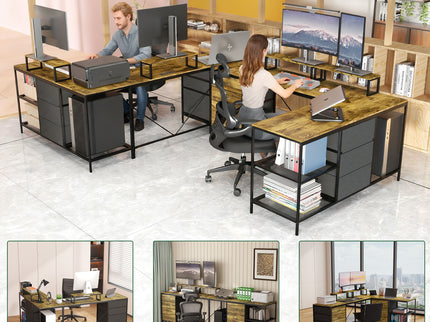 Industrial L Shaped Computer Desk With Power Outlets & USB-C, 6 Fabric Drawers, 3 Open Shelves, Movable Monitor Stands - Brown