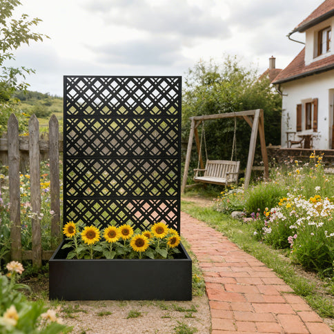 Rhombus Planter Raised Garden Bed With Trellis For Climbing Plants - Black