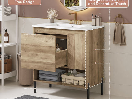 Bathroom Vanity Cabinet With Sink, Sliding Drawer, Soft Closing Door, Open Shelf - Natural Wood
