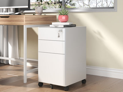 3-Drawer Mobile File Cabinet With Lock, On Wheels, Two Shallow & One Deep Drawer For Office/Home, Fully Assembled - White