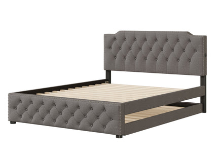 Upholstered Platform Bed With Trundle And 2 Sets Of USB Ports On Each Side, Fabric