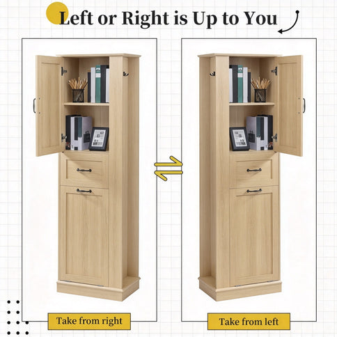 Tall Storage Cabinet With Tilt Out Compartment, Adjustable Shelves, Soft Close Hinges - Natural