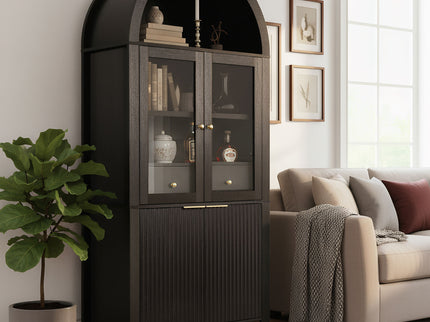 Fluted Tall Arched Pantry Cabinet With Adjustable Shelves, Glass Door & Hidden Drawer For Kitchen