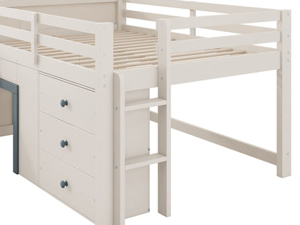 Modern Low Loft Bed With Slide, 3 Storage Drawers, And 2 Doors