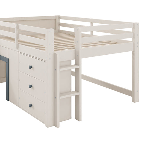 Modern Low Loft Bed With Slide, 3 Storage Drawers, And 2 Doors