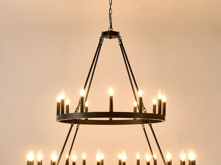2 Tiers Wagon Wheel Chandelier Wooden Farmhouse 36 Light (24 / 12) Or (12 / 24) Metal Chandeliers 2 Story Light Fixtures Industrial For High Ceiling Living Dining Room Foyer, Adjustable Height - Black