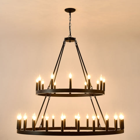 2 Tiers Wagon Wheel Chandelier Wooden Farmhouse 36 Light (24 / 12) Or (12 / 24) Metal Chandeliers 2 Story Light Fixtures Industrial For High Ceiling Living Dining Room Foyer, Adjustable Height - Black