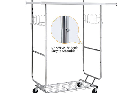 Heavy Duty Double Clothing Garment Rack With Shelves - Silver
