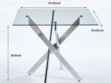 Dining Table With Cross Metal Leg And Tempered Glass, Modern Space Saving Kitchen Table For Living Room Legs, Square Table