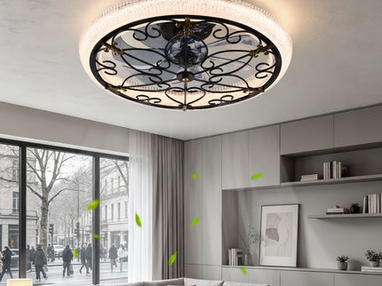 20" Caged Ceiling Fan With Remote Control And Crystal Sand Lampshade - Matte Black