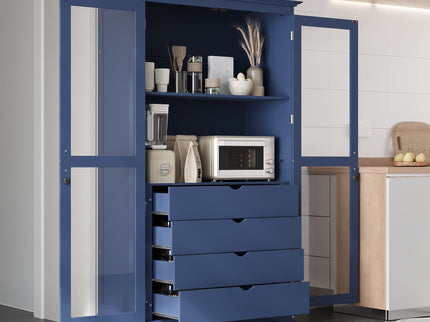 Kitchen Pantry, Freestanding Kitchen Storage Cabinet Display Cabinet With Glass Doors And 4 Built In Drawers For Living Room, Home Office - Blue